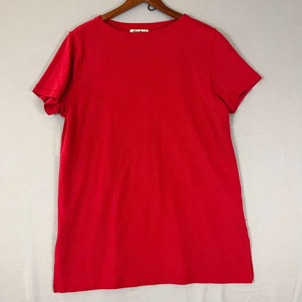 Eddie Bauer Women Tall LG Shirt Cherry Red Think Pullover Shirt Textured Vintage